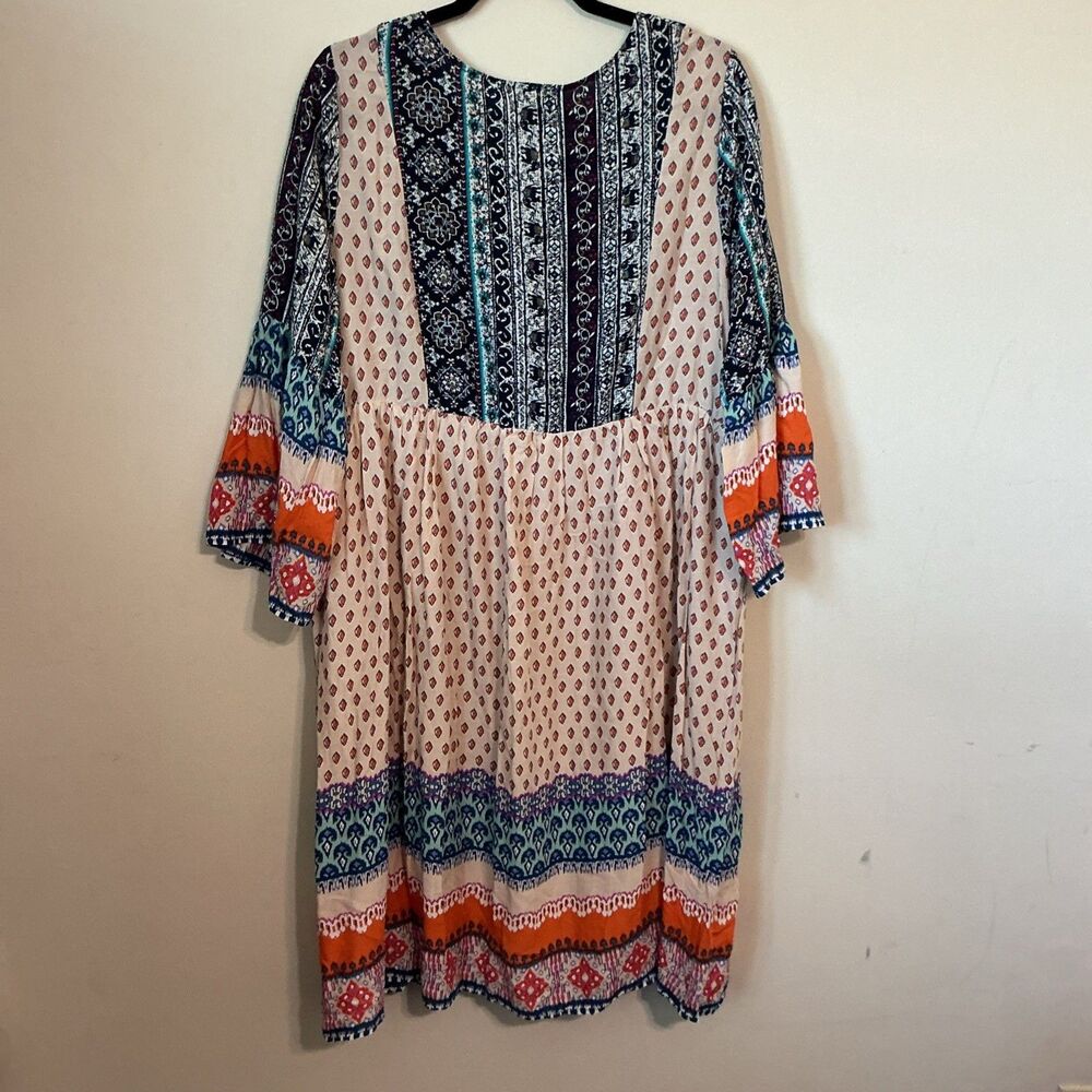 Reborn J Dress Womens 1XL Geometric Boho Vneck 3/4 Bell Sleeve Midi Multicolor - Picture 5 of 9
